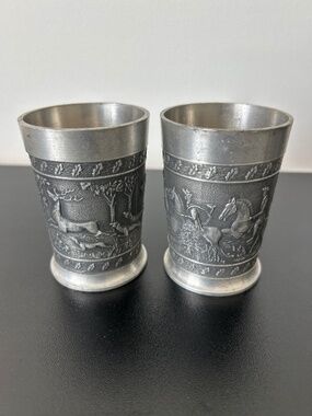 Set of 2 Small Antique Pewter Germanic Midieval Style Cups Hunting Scene